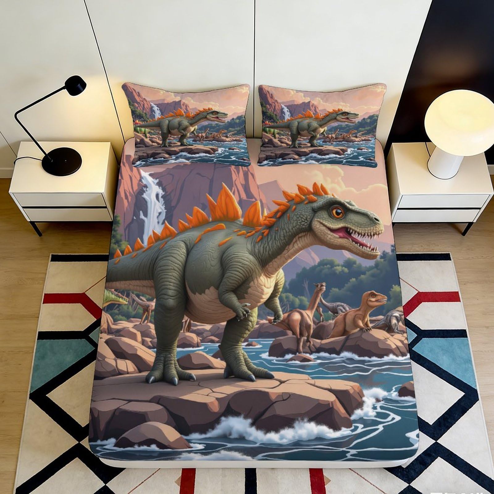 3D Printed Dinosaur Landscape Fitted Sheet Microfiber Soft Breathable Jurassic Era Bed Cover for Bedroom Dorm Mattress Protection Decor 90x200x25cm