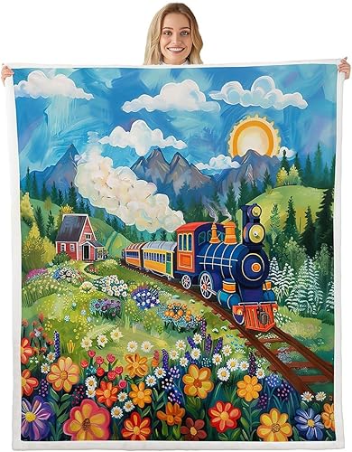 Cartoon Train Fleece Flannel Blanket,Retro Car Vehicle Bed Sofa Couch Blanket,60"x80",Watercolor Blooming Flowers Fuzzy Soft Fleece Throw Blankets