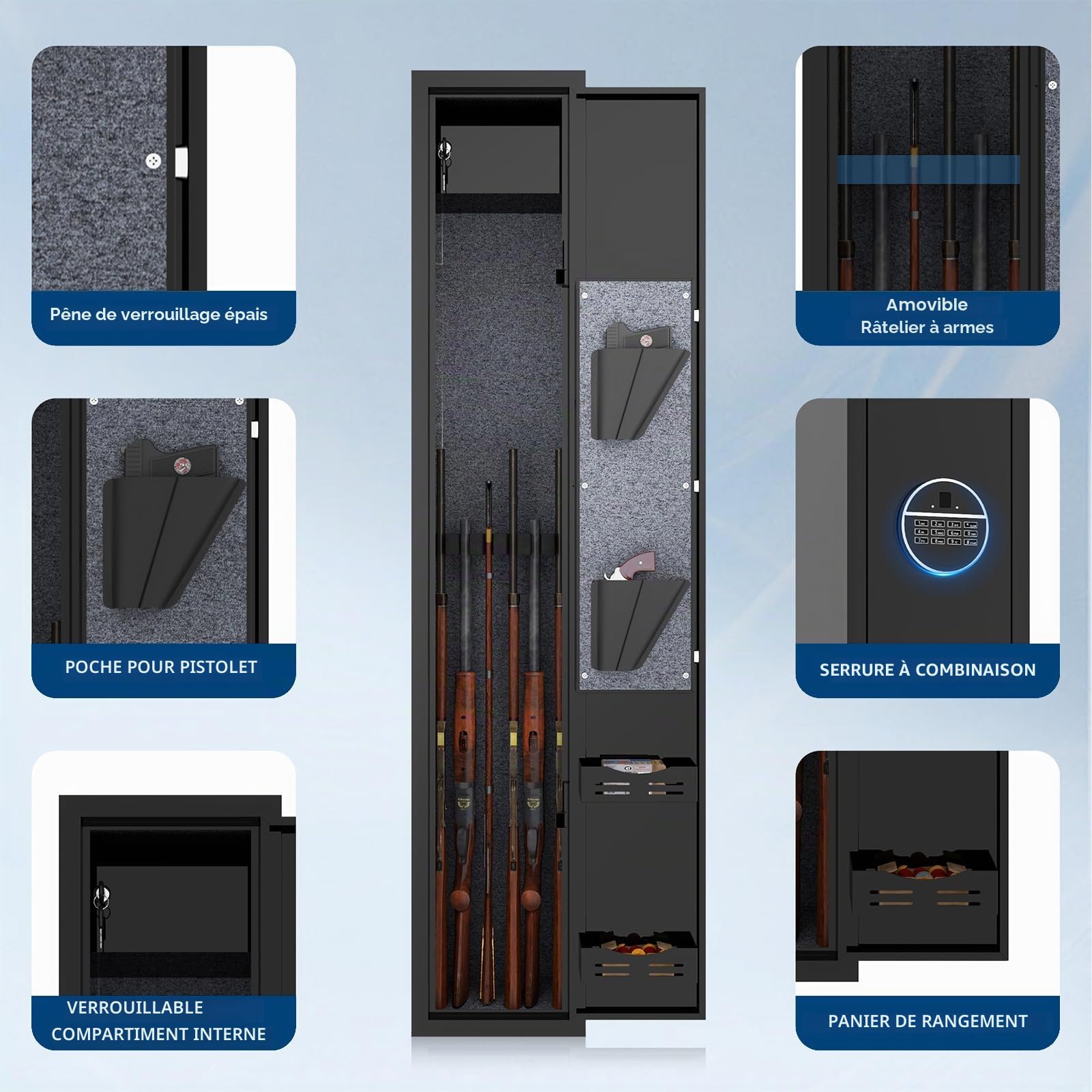 Armoire à Fusils 3 Armes Longues 【Norme DIN EN 1090-1】Armoires à Fusils en Tôle D'acier Armoire à Munitions Verrouillable Séparément Porte-Armes avec Serrure à Clé et Matériel de Montage 138x25x25cm