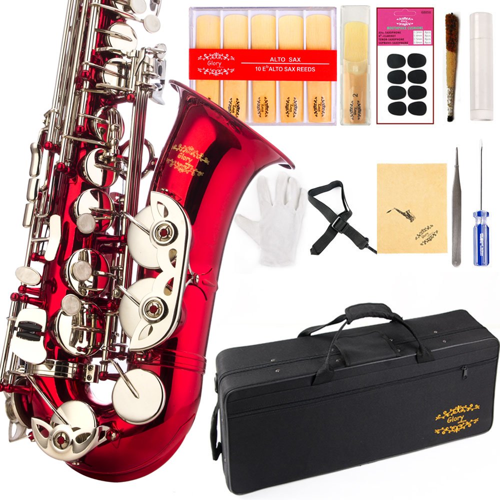 Glory Red/Silver keys E Flat Alto Saxophone with 11reeds,8 Pads cushions,case,carekit