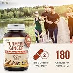 Herba Turmeric Supplements for Inflammation with Black Pepper and Ginger - 180 Capsules | 5,555mg Equiv. with 95% Turmeric Curcumin Supplements with Black Pepper | Joint Pain Relief | Made in Canada