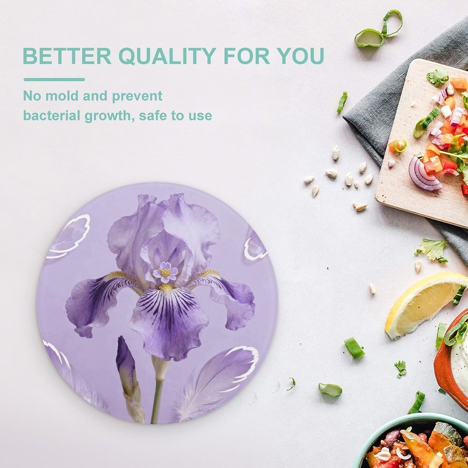 Lilac Purple Chopping Block Tempered Glass Cutting Board Mats Round Countertop Cutting Boards Sturdy Charcuterie Boards for Bar Cheese Board Snack Tray