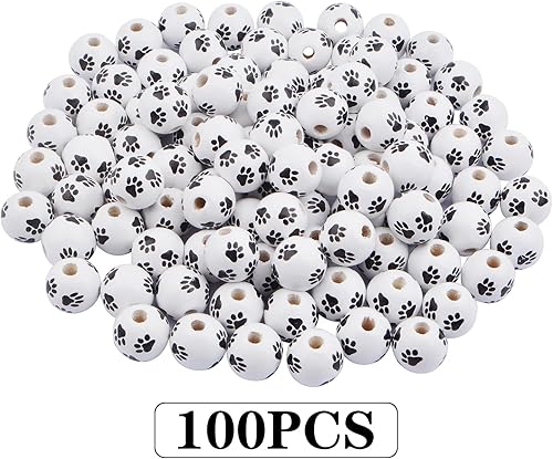 Miniatura 2 de 100 cuentas espaciadoras de madera con estampado de pata de perro de 0.63 pulgadas, cuentas redondas de huellas de perro en blanco y negro para