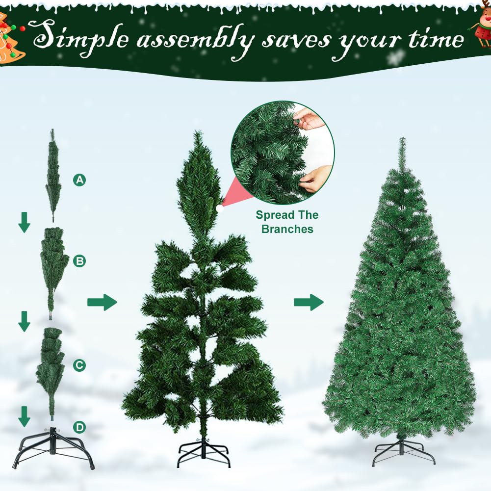 LAMPTOP 6ft Artificial Christmas Tree 800-950 Tips Xmas Pine Tree Indoor Outdoor Holiday Decoration with Metal Stand, Easy Assembly, Foldable Base, Prelit Christmas Tree with Light