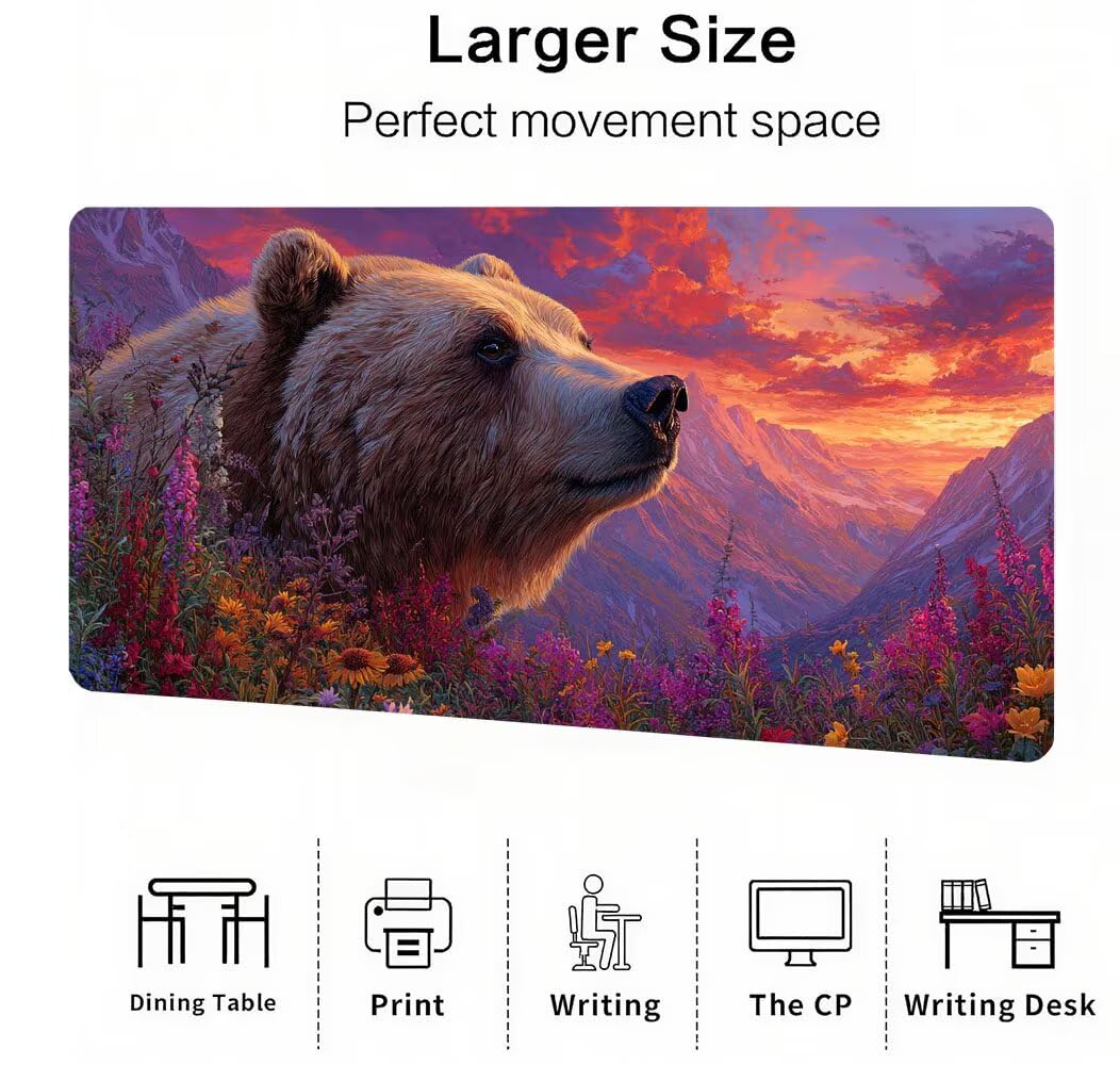 Podkładka pod mysz XXL 1400x600x3mm niedźwiedź, podkładka pod mysz do gier dla zwierząt, poprawa precyzji i szybkości, podkładka pod mysz do gier antypoślizgowa gumowa podstawa, dekoracja biurka MM