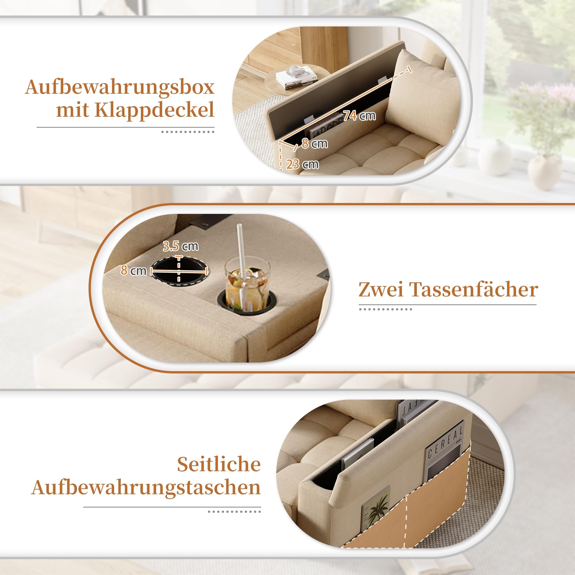 2-Sitzer Schlafsofa Beige mit Stauraum und Verstellbarer Rückenlehne, Sofa mit Armlehnen-Staufächern und Kissen, Vielseitiges Klappsofa für Wohnzimmer, Schlafzimmer oder Wohnung