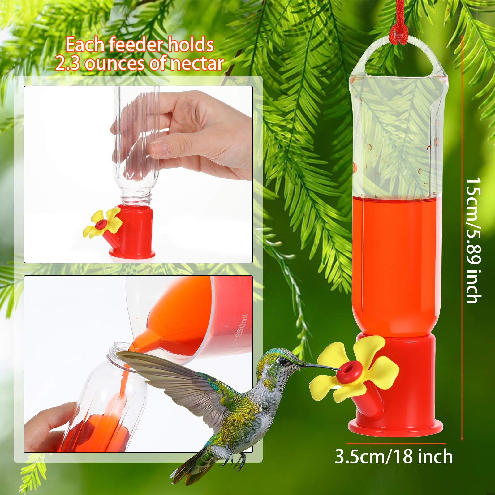 10 sztuk karmników dla kolibrów do użytku na zewnątrz, przezroczyste plastikowe wiszące karmniki dla ptaków z haczykami S i szczotkami do czyszczenia, okrągłe okonie i szerokie otwory do