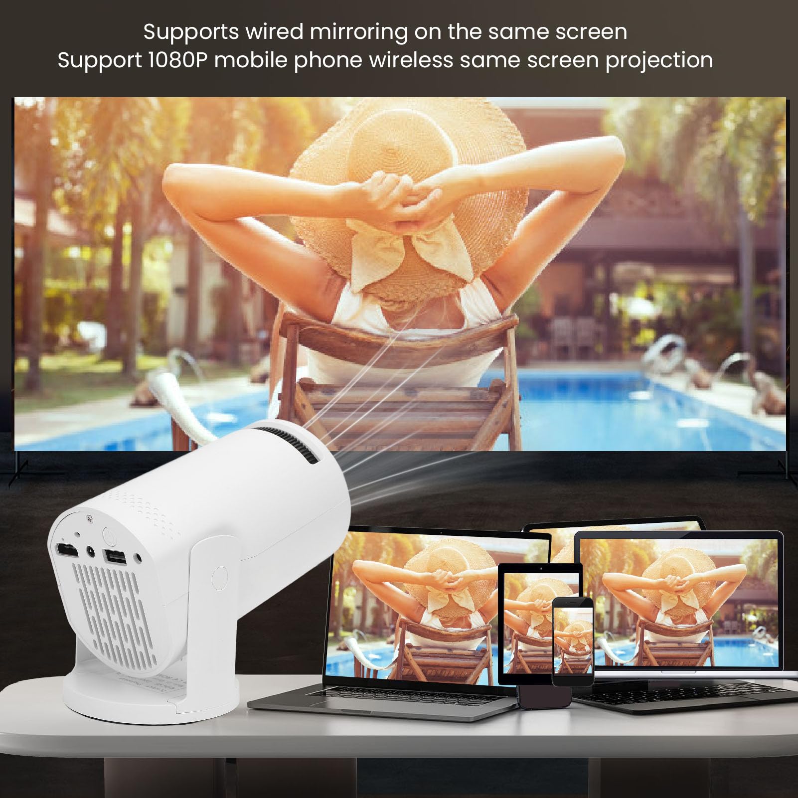 Full HD 1080P-Tragbarer Projektor - Outdoor-Heimkino für Handys und Tablets mit Smart-Funktionen (EU-Stecker)