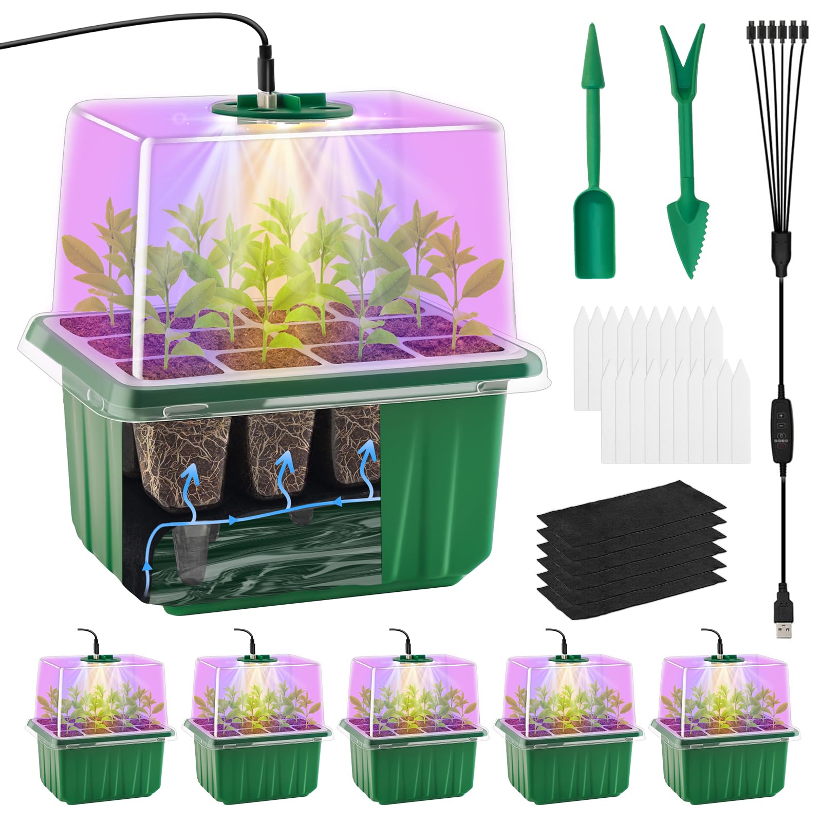 Self-Watering Seed Starter Tray with Timed Grow Light, 6 Packs Plant Starter Tray Seedling Starter Kit with Humidity Domes Base Indoor Mini Greenhouse for Gardening Seeds Growing Starting