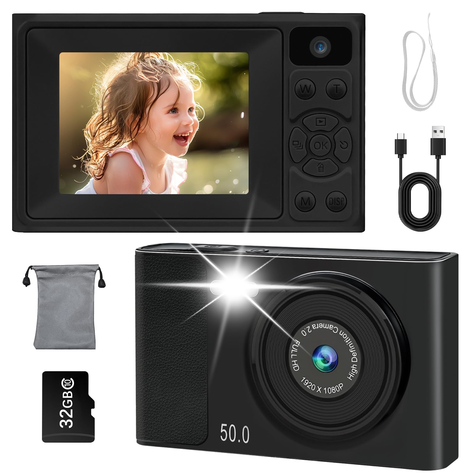 Digitalkamera 1080P 48MP Fotokamera Kamera für Kinder Jugendliche, 2,4" Tragbare Kompaktkamera mit 32GB SD-Karte, Geschenk für Studenten Anfänger Jungen Mädchen