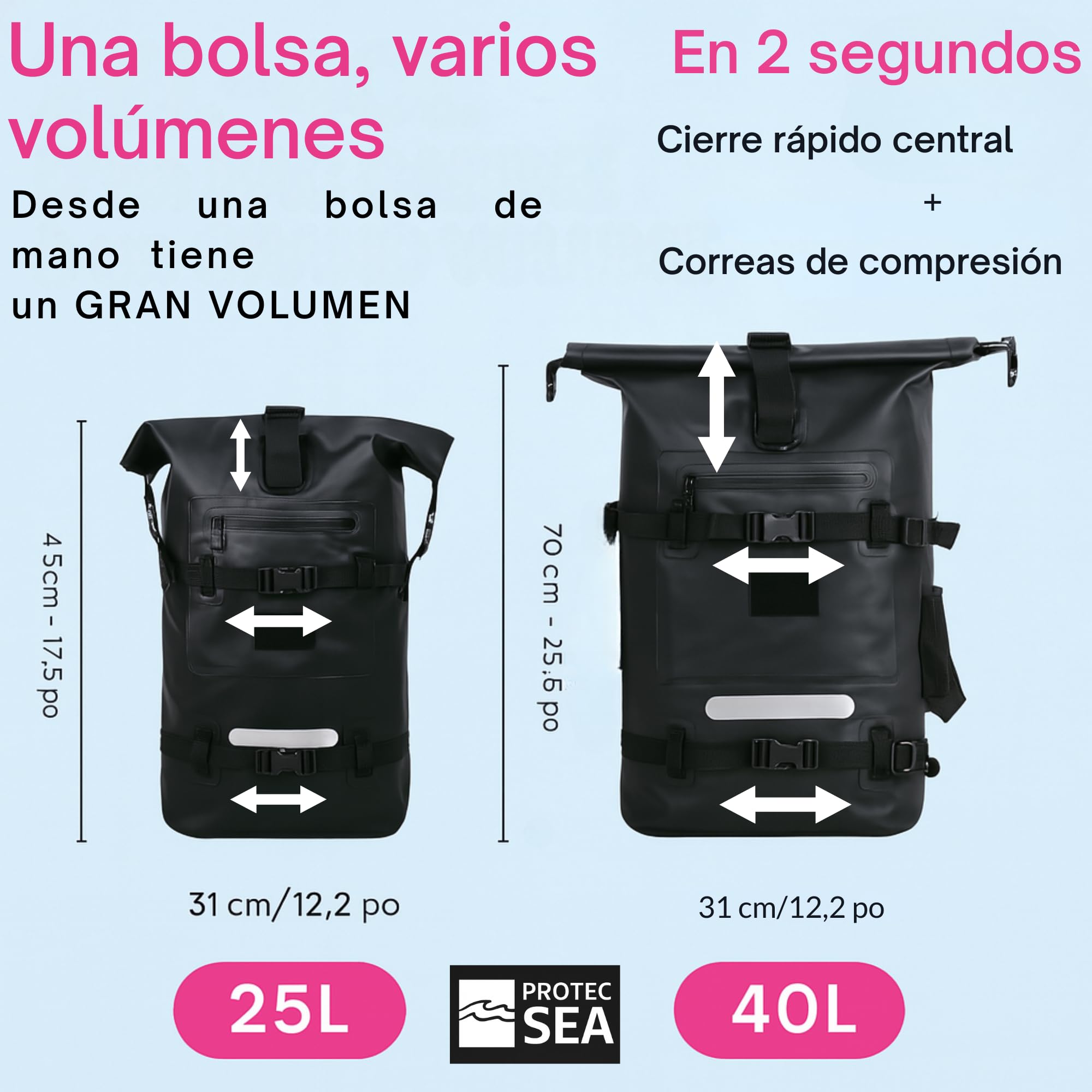 Bolsa de senderismo para mochila y bolsa impermeable | Cremallera de zinc anticorrosión impermeable | Volumen ajustable 20L a 40L | Cómodo transporte | Fijaciones Molle | Bolsillos