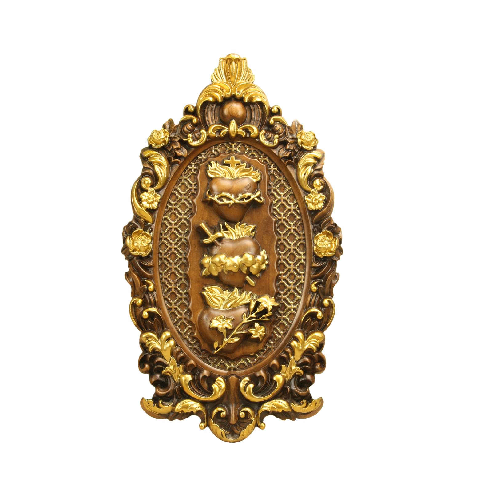 Adorno de tres sagrados corazones en madera maciza tallada a mano