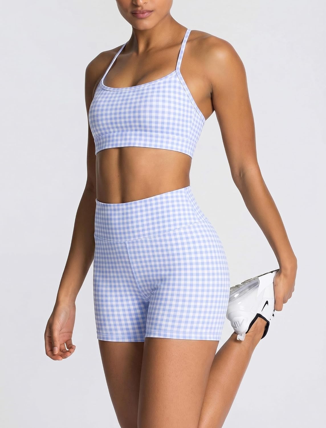 ABOCIW Workout Sets for Women 2 Piece Color Block Strappy Sports Bra High Waist Shorts Gym Yoga Pilates Outfits image 4