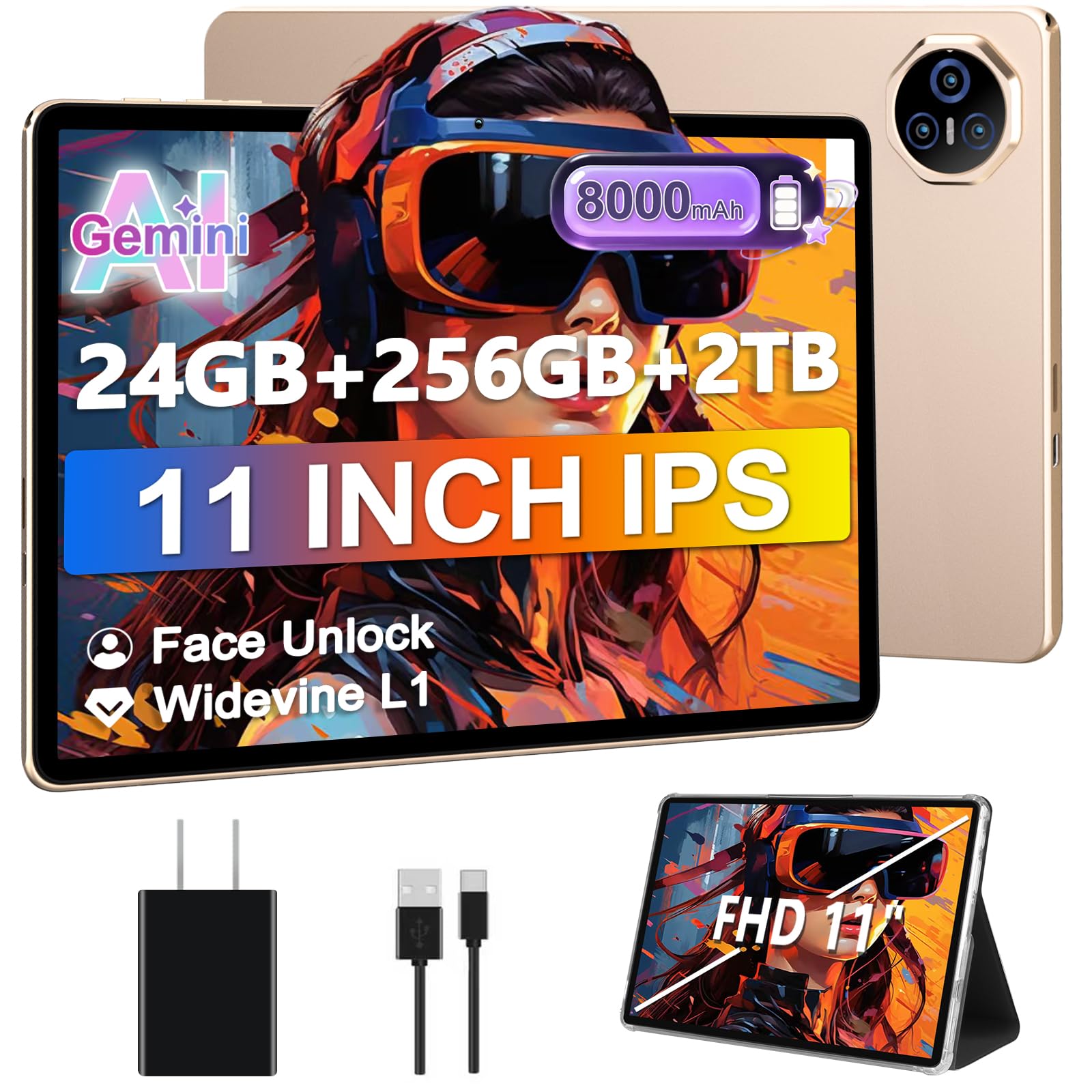 2026 11 inch Tablet, 24GB RAM+256GB ROM(2TB TF), Android Tablets with 8000mAh Battery, (13+5) MP Camera, Supports Widevine L1, 5G WiFi, GPS, BT5.0, Tablet with Case -Gold
