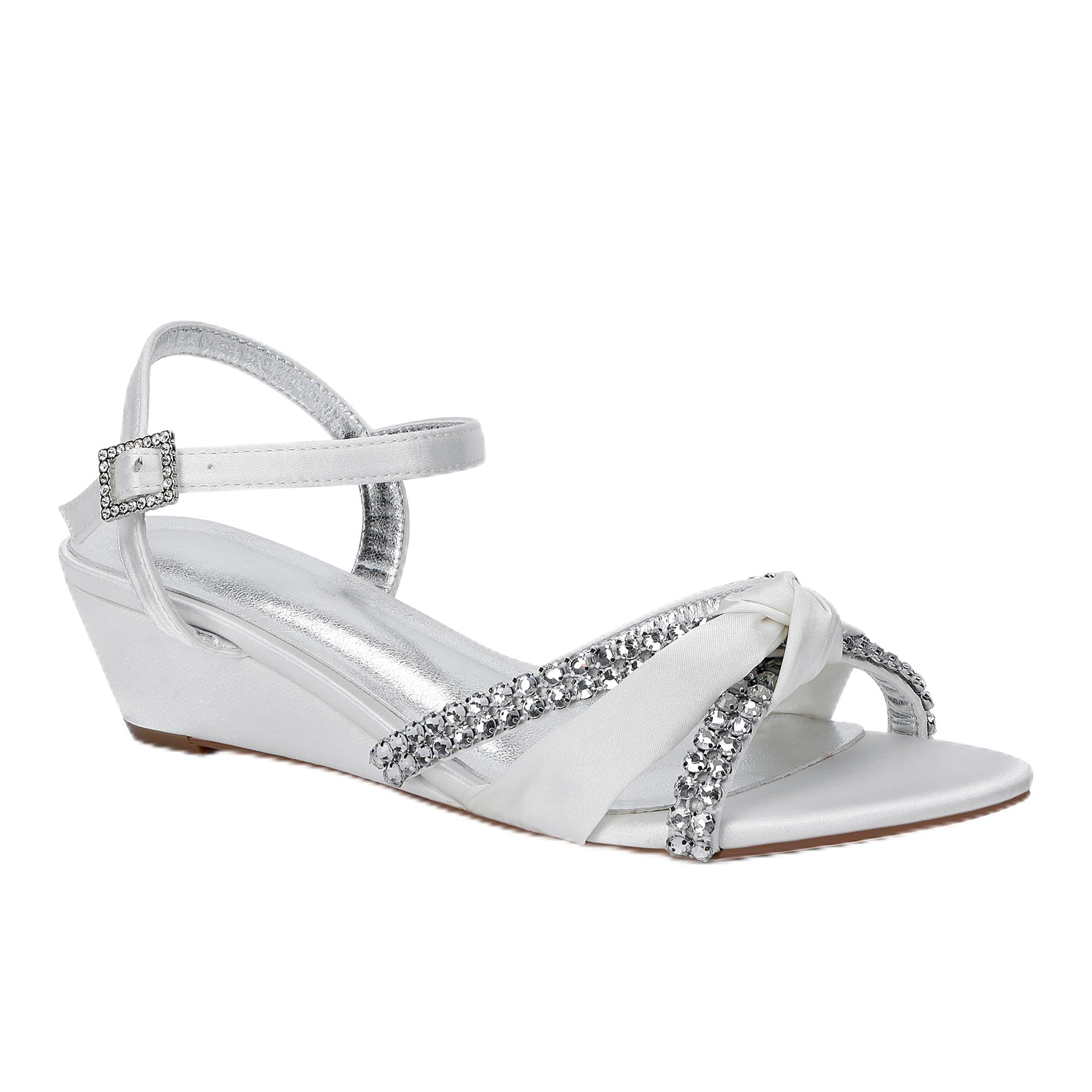 Creativesugar Women's Satin Wedge Sandals Rhinestone Bowknot Wedding Party Shoes with Crystal Ear stud