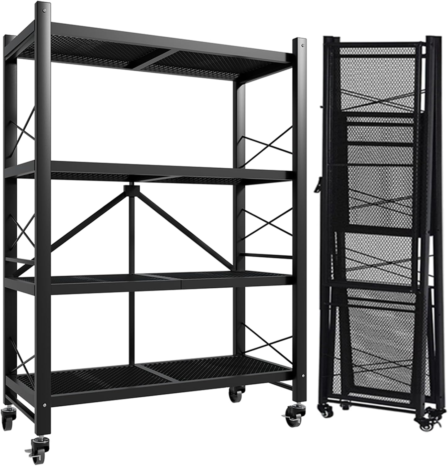 Folding Metal Shelves with Wheels, Heavy Duty Storage Shelf for Organization, Collapsible Shelves for Kitchen, Pantry Room, Garage and Basement (4-Tier)