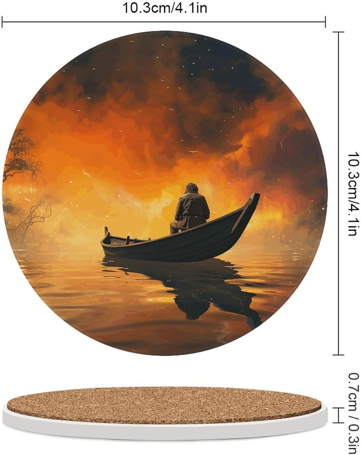 Man and Boat Coasters for Drinks Absorbing Round Ceramic Stone Coaster with Cork Base Coffee Cup Beverage Table Cup Mat Modern Style Bar Coaster Set for Home Decor