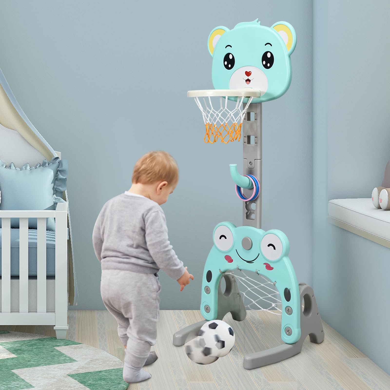 COSTWAY Canestro da Basket, Centro Attività 3 in 1 per Bambini, Canestro da Basket con Porta da Calcio e Gioco degli Anelli, Set Basket e Calcio a Forma di Orso, Ideale per Bambini (Verde)