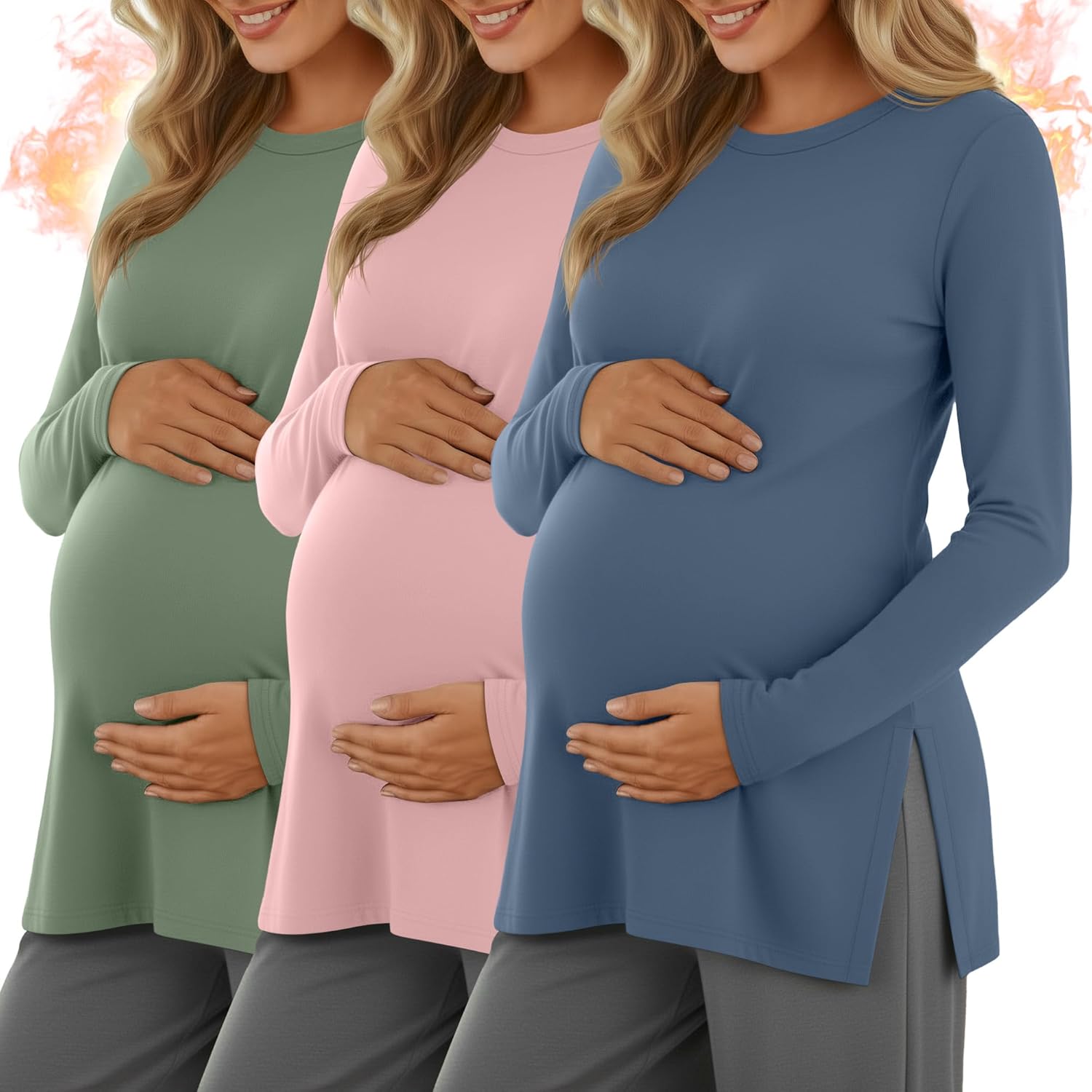Riyiper 3 Pack Women's Maternity Shirts Split Side Crew Neck Pregnancy Lounge Tee Tops Long Sleeve Loose Fit Pajamas Clothes