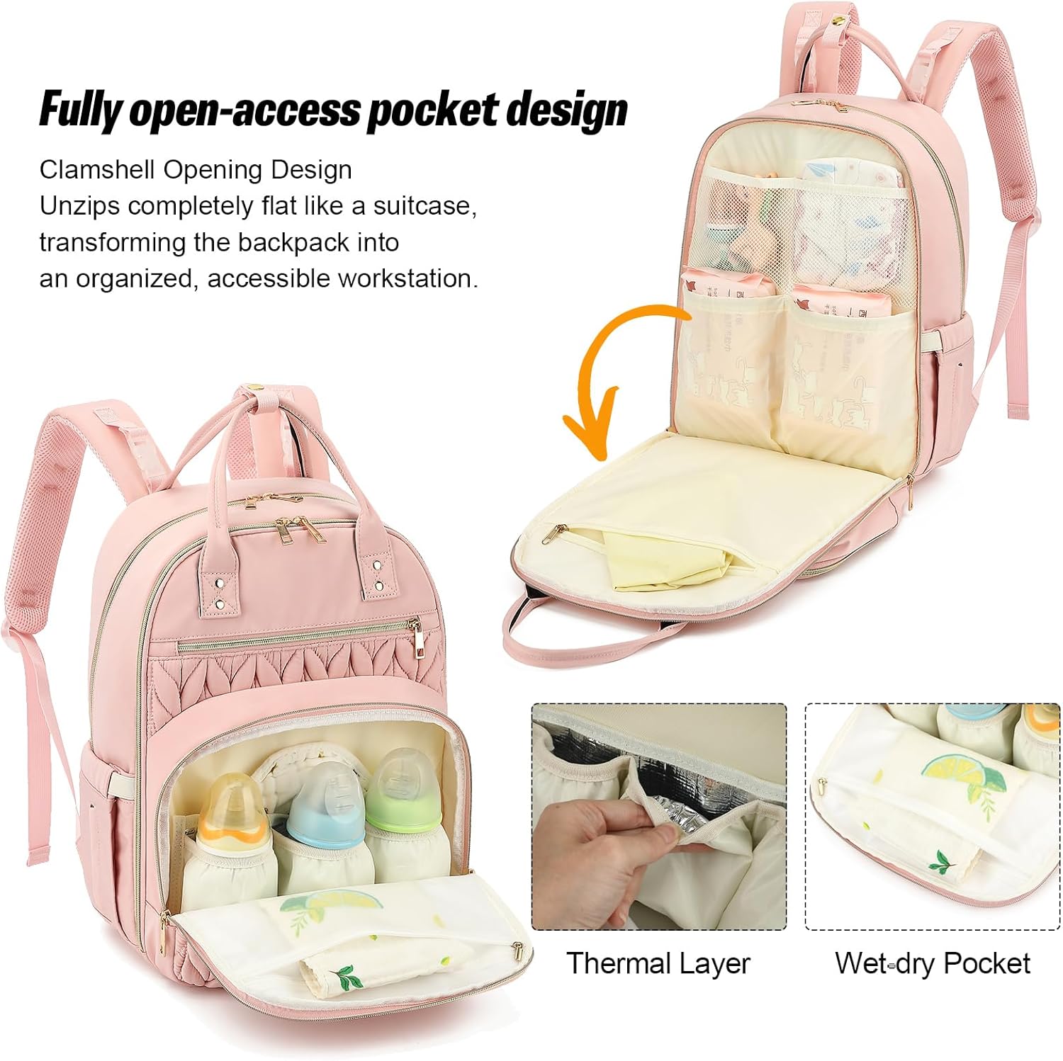 Quilted Baby Diaper Bag Backpack for Women, Baby Girls Boys Nappy Bags with Stroller Straps Insulated Pockets (Pink)