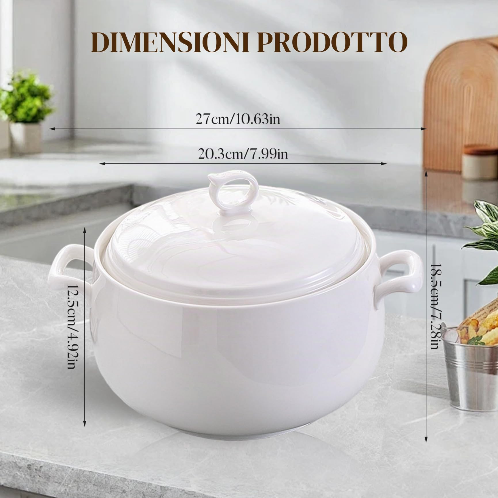 Zuppiera da 3000 ml, ciotole rotonde in ceramica con coperchio, ciotole resistenti al calore con manici, adatte al microonde, per ristorante, cucina di casa Zuppiera, ciotola in ceramica con cope