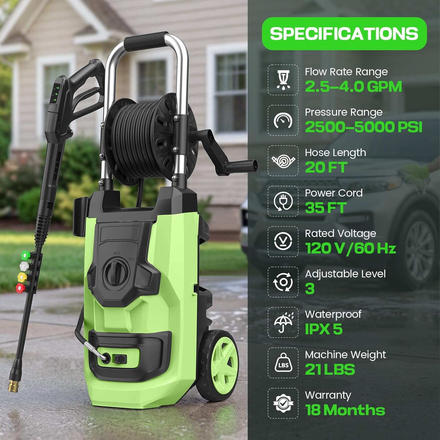 2026 New Pressure Cleaner PSI5000 with 3 Levels Adjustable Pressure Gun, Portable Pull-Handle, 4 Nozzles and Foam Cannon, Heavy Duty Cleaner Machine for Home/Car/Fence/Garden, Green