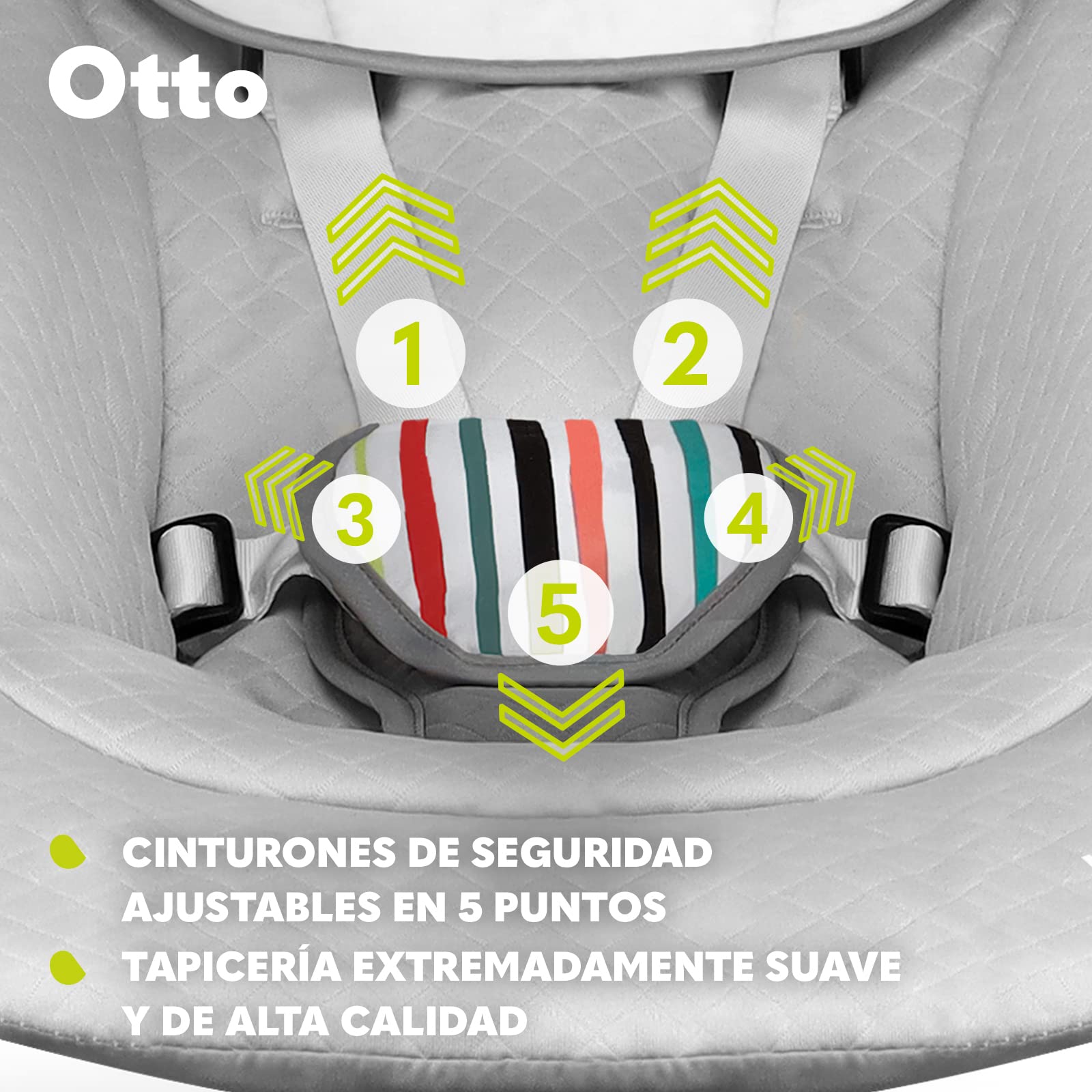 LIONELO Otto Columpio portátil para bebés hasta 9 kg, 5 velocidades de balanceo, Sistema de Cinturones de Seguridad, Fácil Montaje, Arco de Juguetes interactivos Ajustable Gris (Gris)