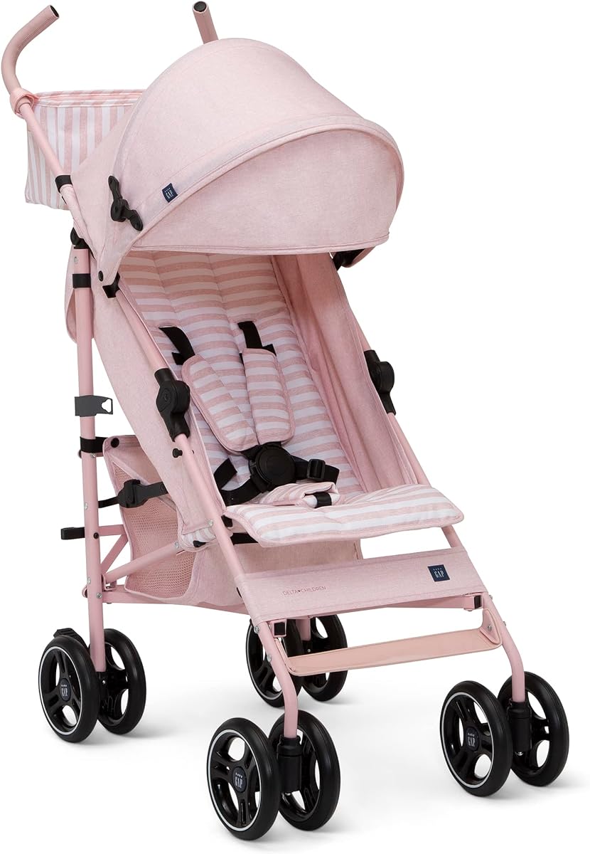 babyGap Classic Stroller - Lightweight Stroller with Recline, Compact Fold & Removable Parent Organizer - Made with Sustainable Materials, Pink Stripes