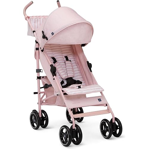 babyGap Classic Stroller - Lightweight Stroller with Recline, Compact Fold & Removable Parent Organizer - Made with Sustainable Materials, Pink Stripes