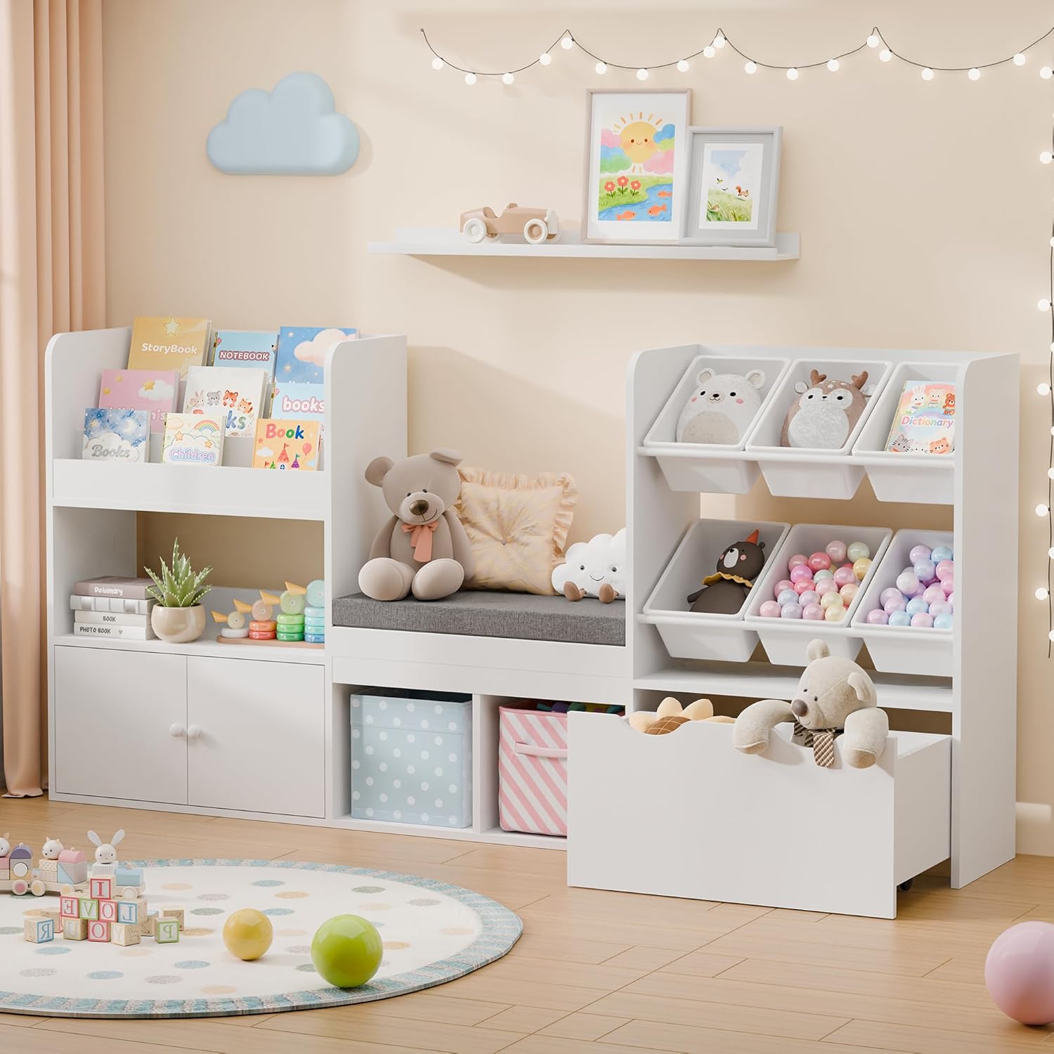 MU Kids Bookshelf with Reading Nook & Storage Bench, 73" Toy Organizer with Movable Drawer & 6 Removable Bins, Montessori Reading Corner Furniture for Playroom (White Toy Bins)