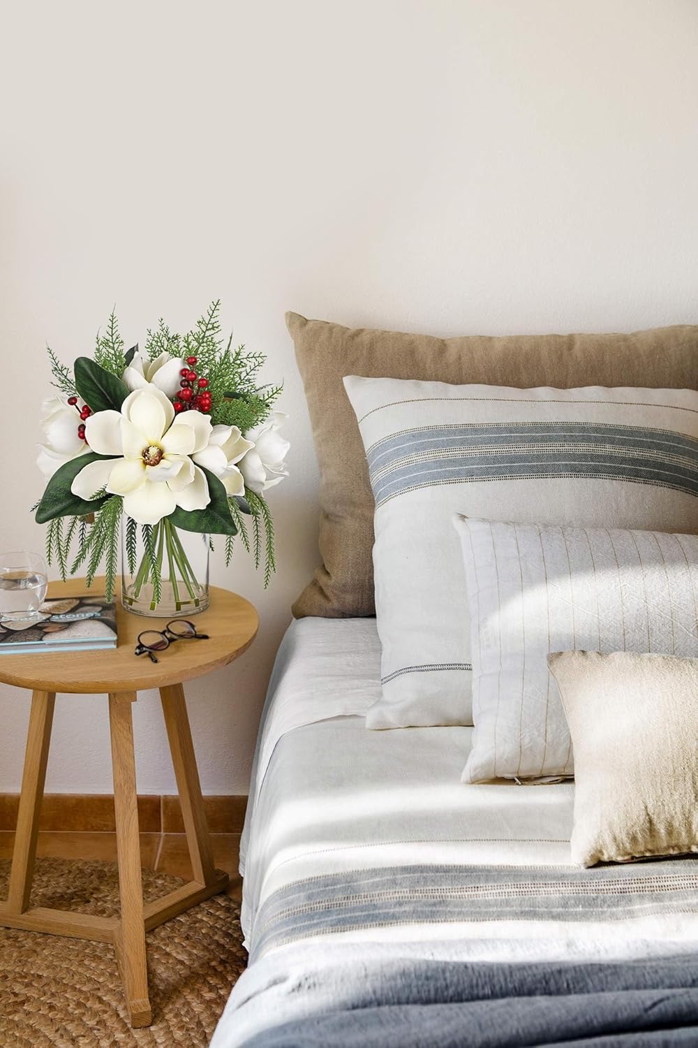 Briful White Christmas Magnolia Flower Arrangement in Glass Vase, 14.9" Artificial Magnolia with Winter Berries Cedar Silk Floral Centerpiece for Holiday Table Mantle Xmas Decor