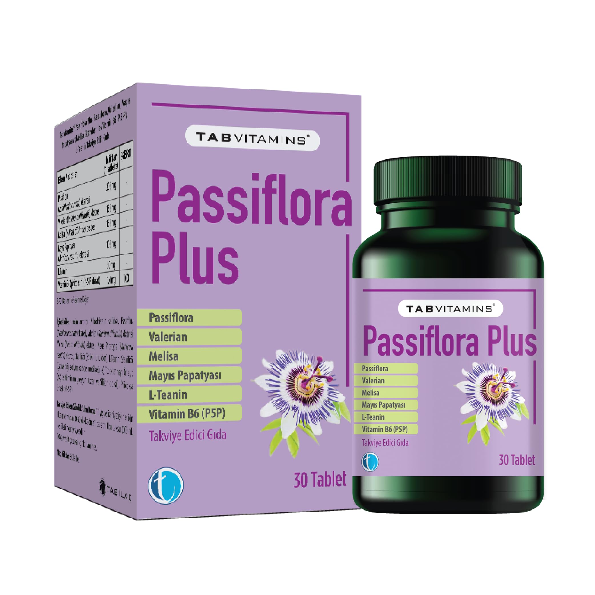 TABVITAMINS Passiflora Plus 30 Tablet Pasiflora Valerian Melisa Papatya L-Teanin