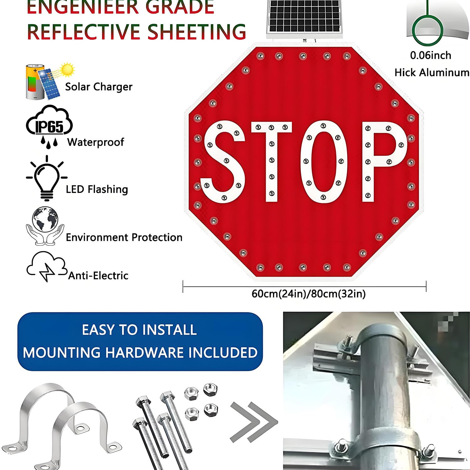 Señal de Stop Solar, señal de Stop LED Intermitente con energía Solar, señales de tráfico octagonales de Aluminio, LED Intermitentes para Calle, Resistente al Agua IP65 60 * 60cm