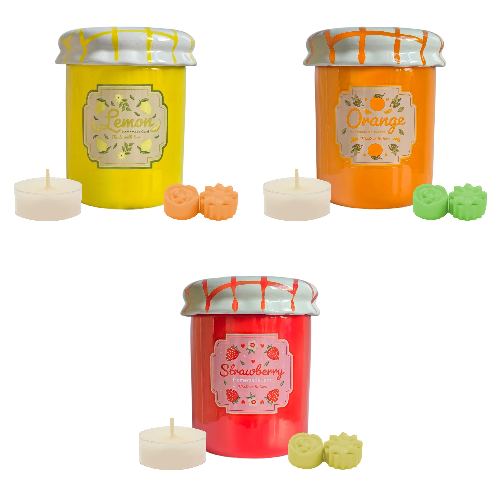 Set of Three Vintage Jars Ceramic Oil Burners Wax Melters Starter Gift Sets with Assorted Highly Scented Soy Wax Melts and Unscented Soy Wax Tealight Candles
