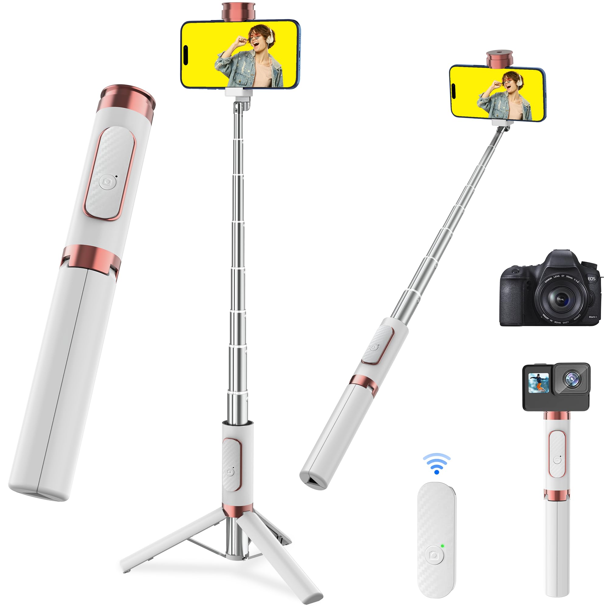 Aluminum Alloy Selfie Stick Tripod with Remote, Foldable Travel Tripod Stand 270 Rotation Compatible with iPhone/Android/Go Pro Camera