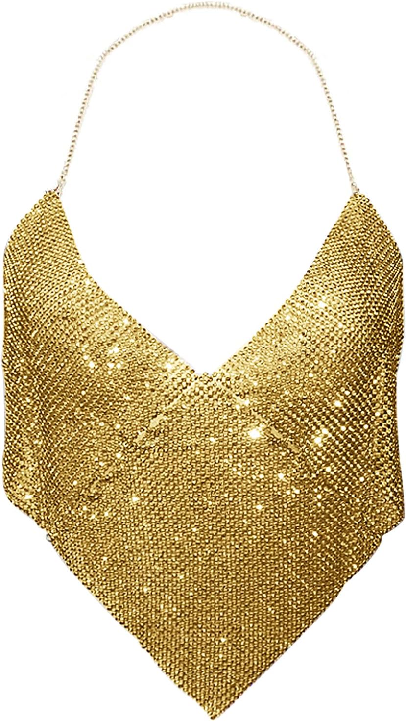 Women Shiny Sexy Backless Metallic Tops Glitter Sequin Tanks Camis Deep V Neck Party Night Club Rave Chain Outfits - Image 4