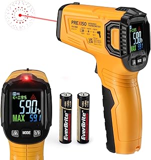 PREXISO Infrared Thermometer -58℉~ 1022℉ (-50℃ ~ 550℃) Digital Laser Temperature Gun (Not for Human) with Adjustable Emissivity and LCD Color Display Non-Contact IR Pyrometer for Cooking, Industry