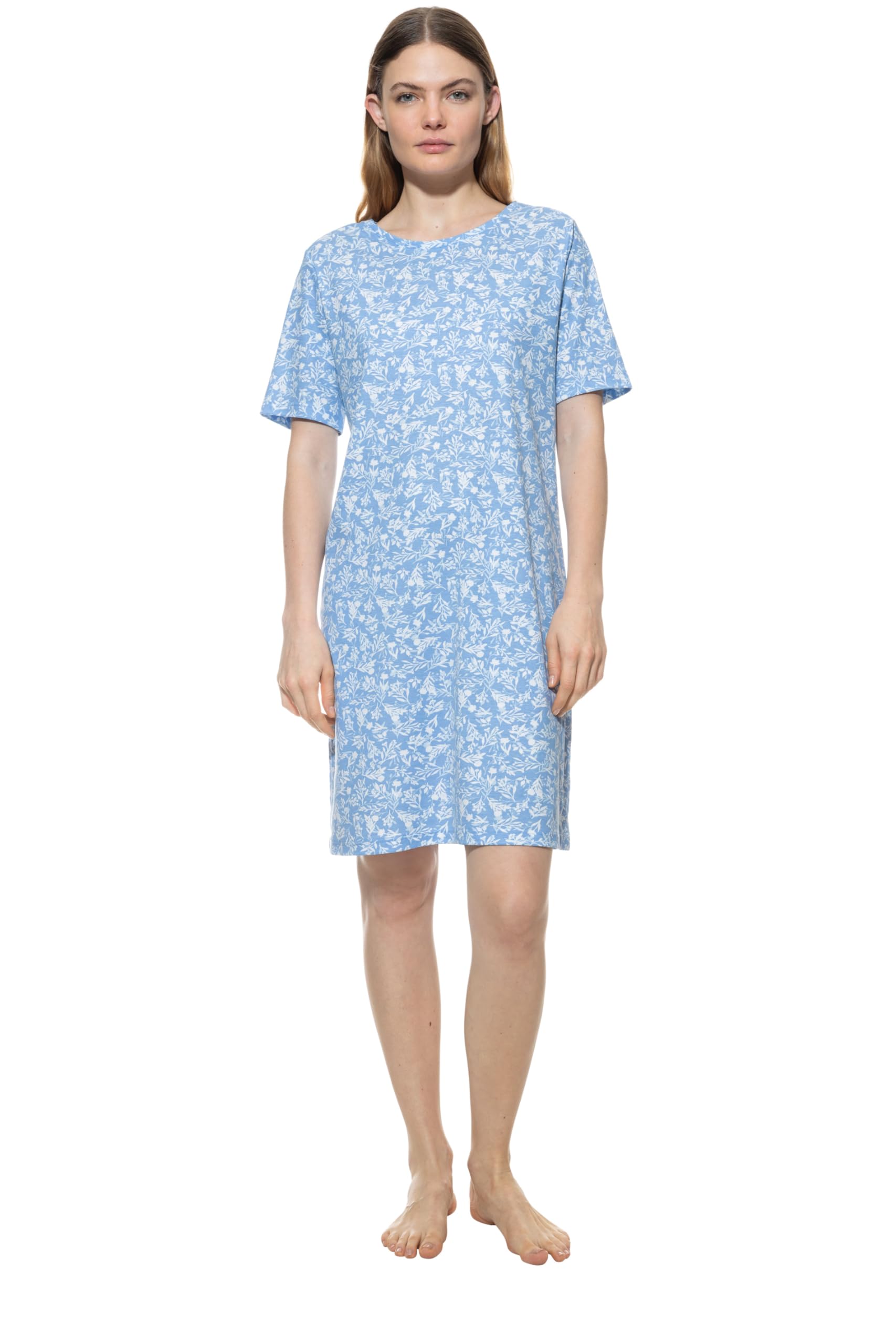 Mey Damen Nachthemd: Legerer Schnitt, Kurzarm, Rundhalsausschnitt, Floraler Print, Knielang, Blue Silk, Serie Flower Meadow