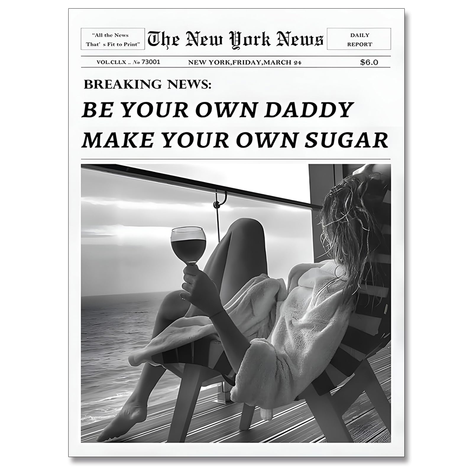 Generic Vintage Black And White Newspaper Canvas Wall Art Funky Poster Hot Girl Summer Holiday Drinking at The Beach Goblet Prints Retro Trendy Wall Decor for Girly Bedroom 12 x 16 in Unframed