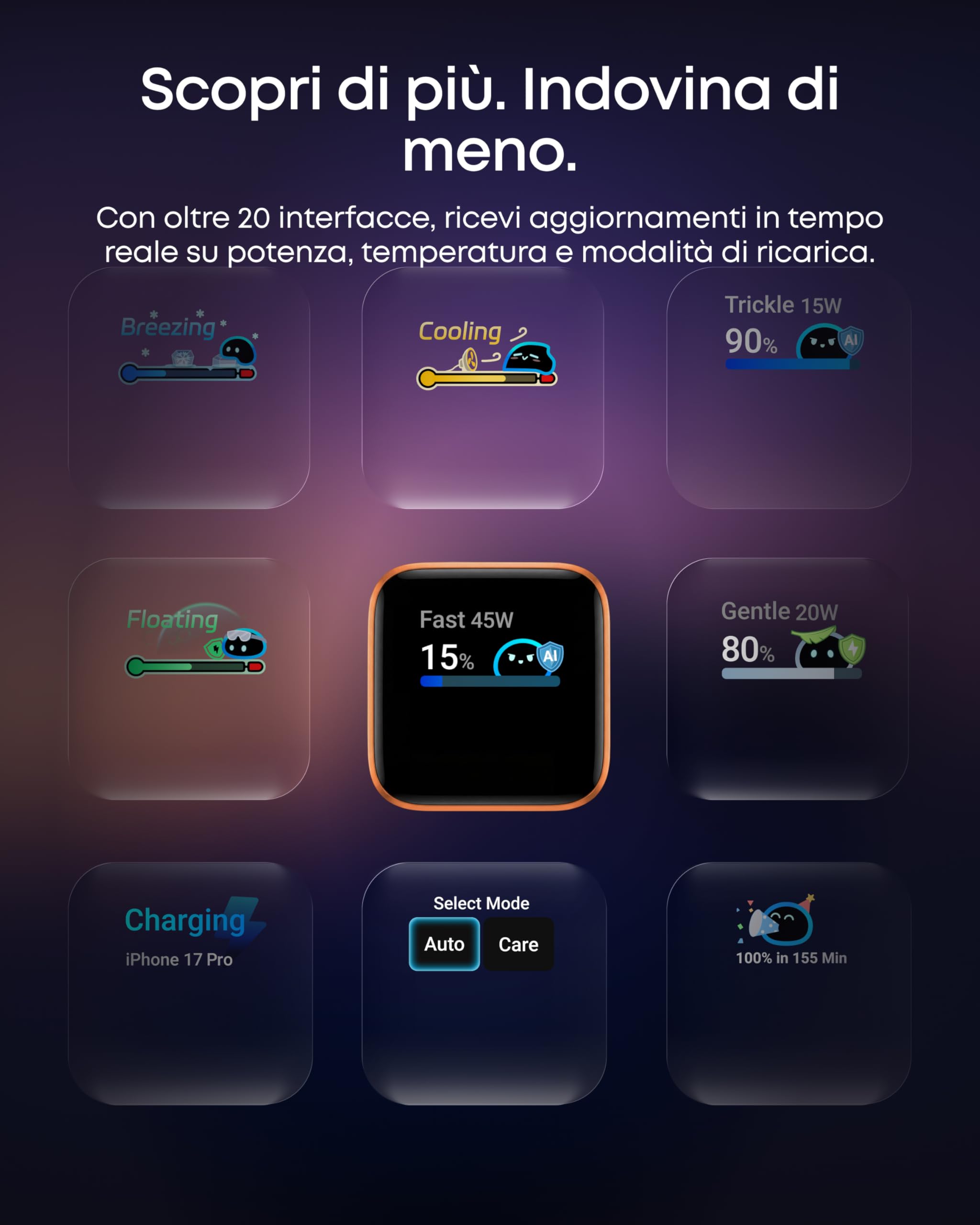Anker Nano Caricatore iPhone da 45W con Smart Display, caricatore USB C, Ricarica Rapida, riconoscimento Intelligente, modalità Care, Design Compatto, per iPhone 17/16/15, iPad, MacBook e Apple Watch