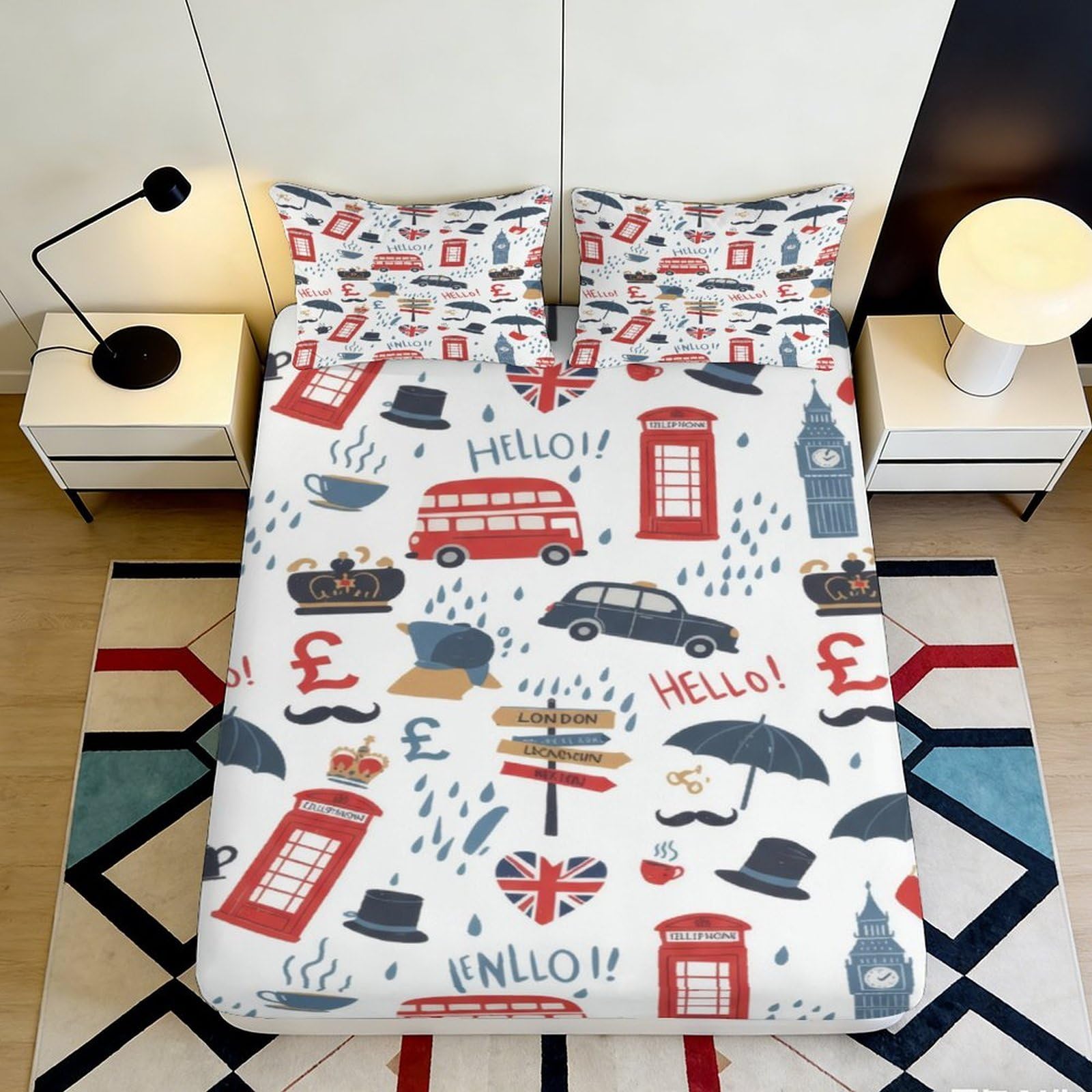 Qjzxknhpgr Style-7 3D Printed London Red Bus Fitted Sheet Microfiber Soft British Icon Mattress Cover For Bedroom Guest Room Decor 90X200x25cm