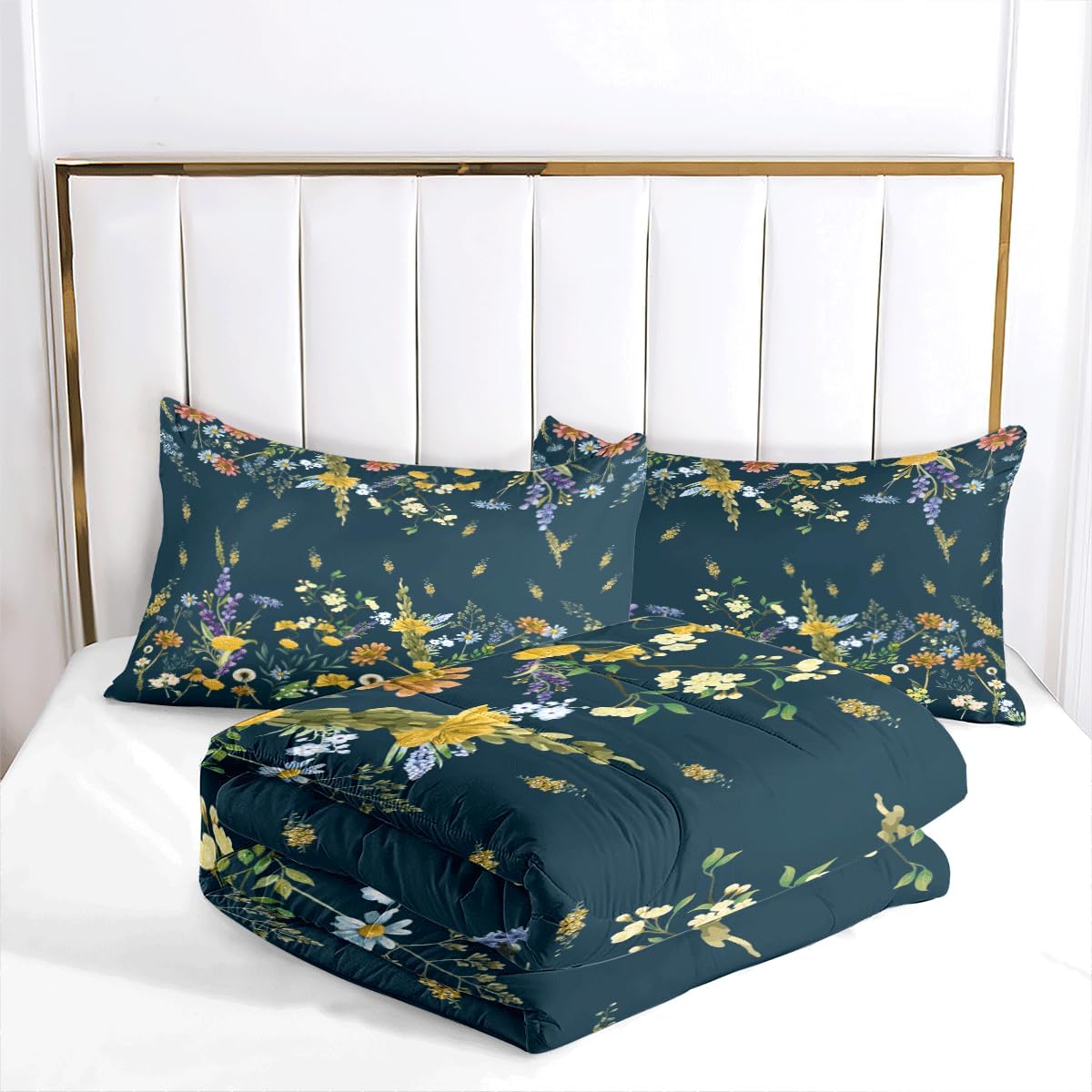 King Comforter Set,3 Pcs Blue Floral Bedding Sets,1 Soft Reversible Botanical Flowers Farmhouse Comforter and 2 Pillow Shams Bed Set(King,Peacock Blue)