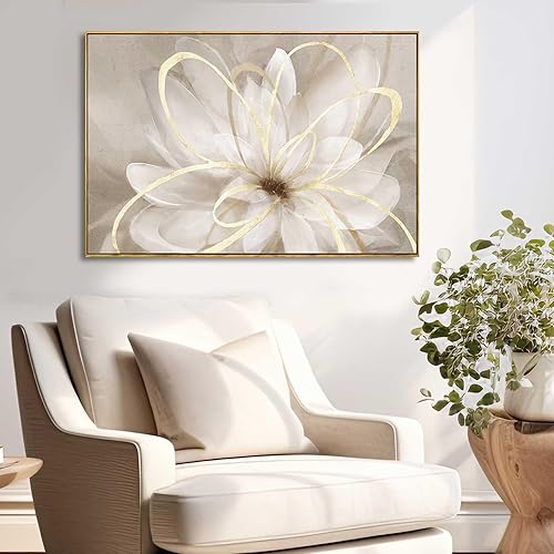 Miniatura 2 de SOUGUAN Cuadro de flores blancas pinturas botánicas doradas para decoraciones de pared arte de pared para sala de estar dormitorio oficina