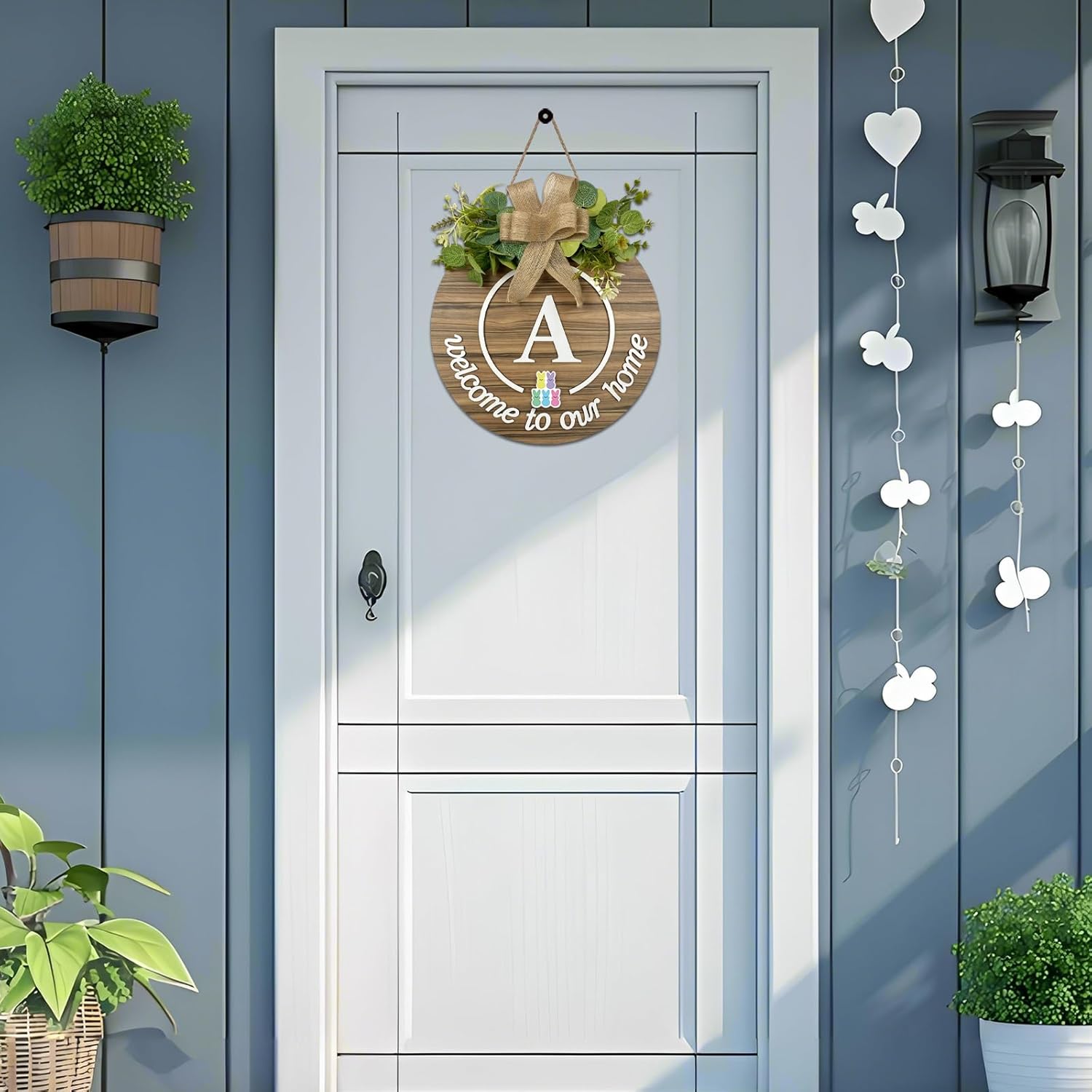 Interchangeable Seasonal Monogram Letter A Welcome Sign Front Door Decor Wooden Wreaths for Front Door Wreath Rustic Initial House Warming Porch Wall Home Decorations for All Seasons