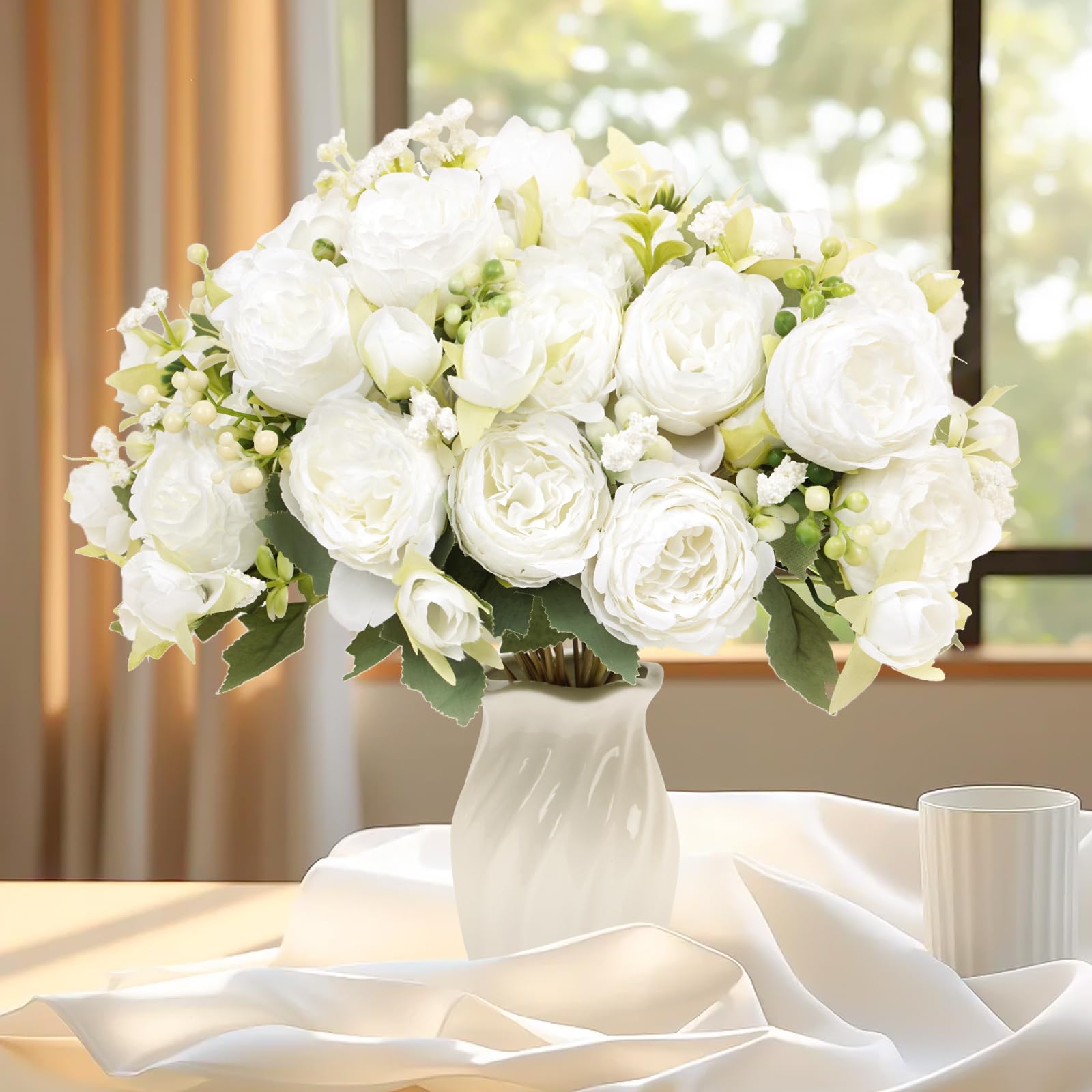 4 Bunches White Real Touch Silk Peonies Artificial Flowers - Lifelike Wedding & Home Table Decor, Garden Centerpieces & Indoor/Outdoor Arrangements