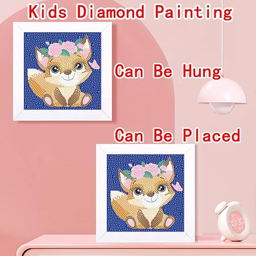 Miniatura 6 de Miairivy Pintura de diamantes para niños, kit pequeño de arte de diamantes 5D (con marco de madera), juego de pintura de gemas grandes de zorro