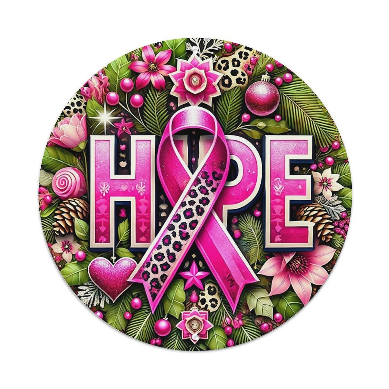 Hope Ribbon Flowers Leaves Berries Round Tin Sign Vintage Metal Sign Home Bar Garden Indoor & Outdoor Wall Decor Retro Metal Poster 8x8 Inch