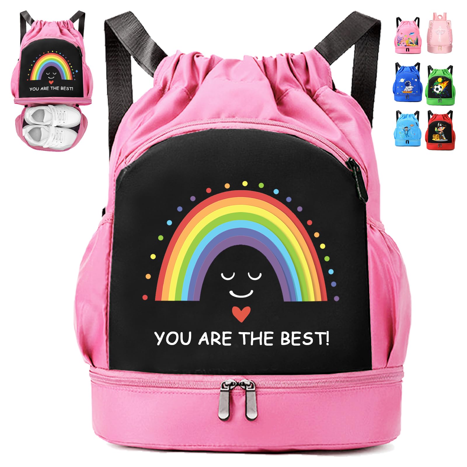 YOUYIKE Drawstring Bags for Kids, Rainbow Waterproof Swimming Bags, Personalised Drawstring Bag, Drawstring Gym Bag, for School Gym Swimming Shopping Sports Travel, Pink