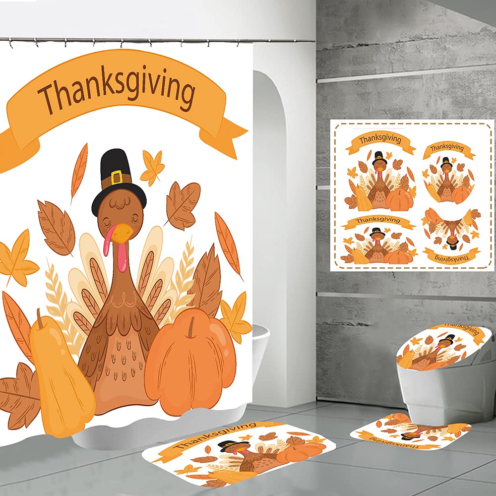 4-Piece Halloween Thanksgiving Christmas Bathroom Set – Gnome Shower Curtain, Rugs, Lid Cover (with Hooks)