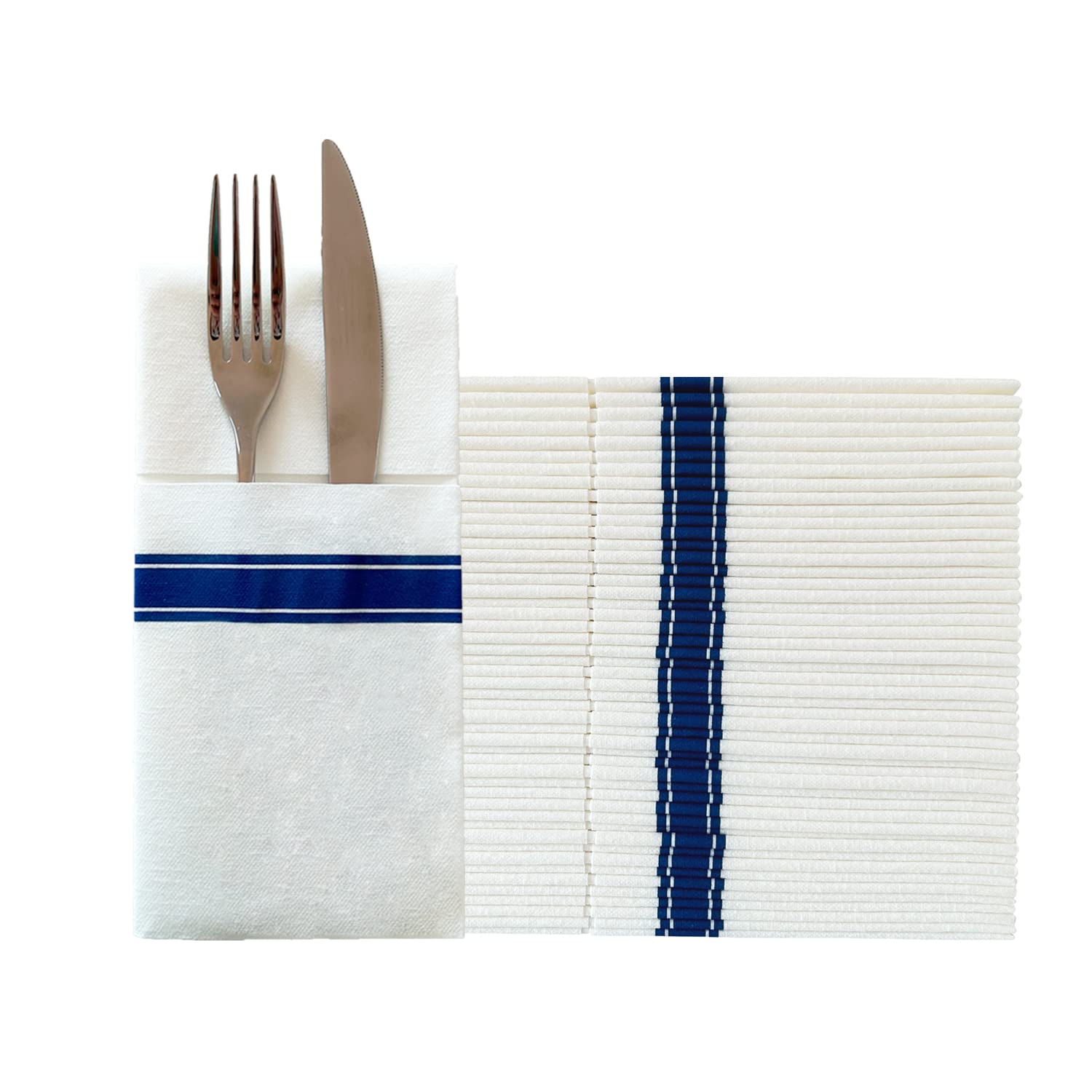 KMAKII Disposable Napkins Paper Dinner Napkins with Built-in Flatware Pocket Disposable Paper Hand Napkins for Parties, Weddings, Events Linen-Feel 16x16 inches-Blue Stripe,100 Count